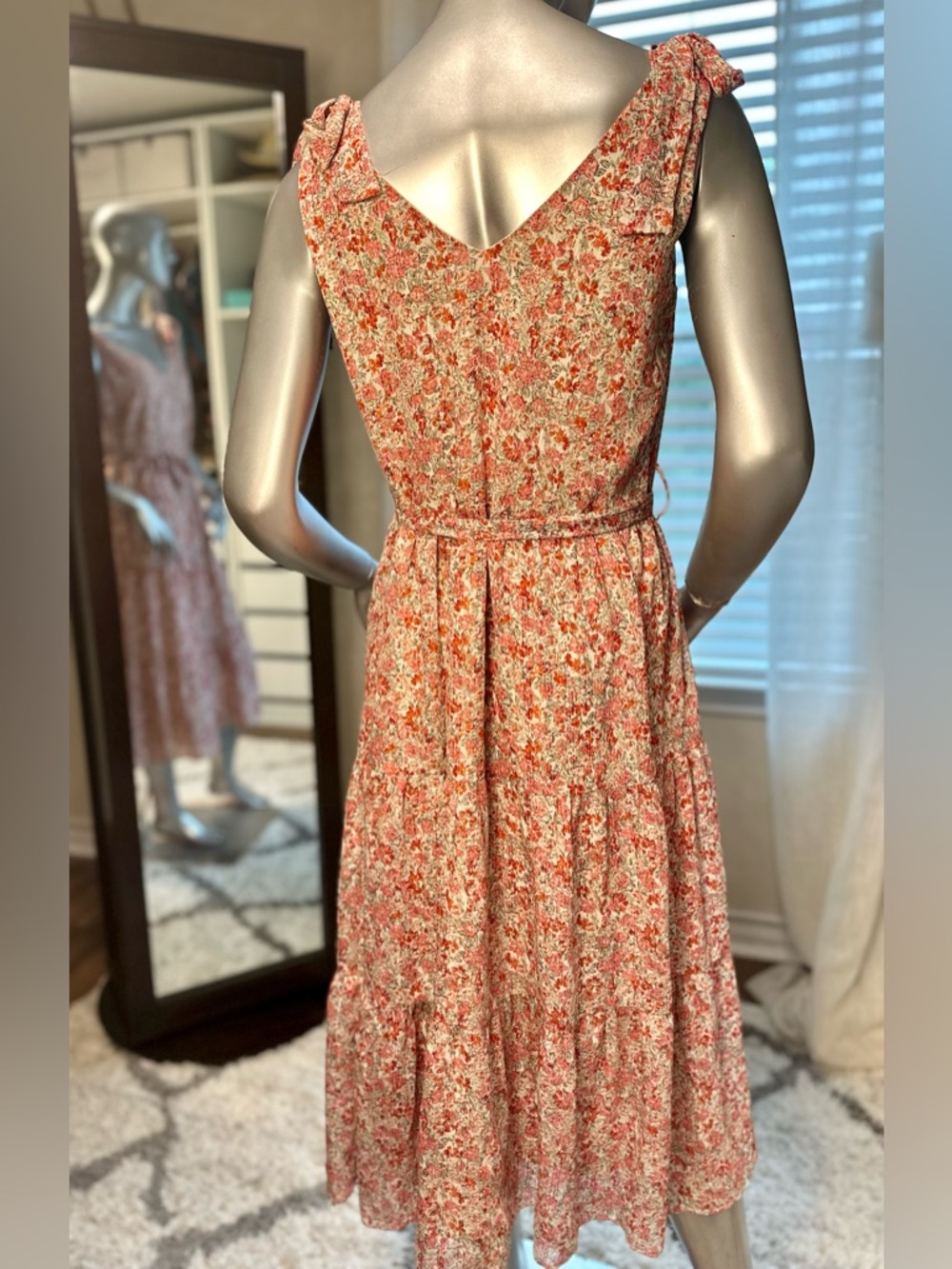 Lucy Paris Midi Dress Floral Tie-Strap Medium Fit & Flare Pink & Cream Chiffon - Picture 3 of 6